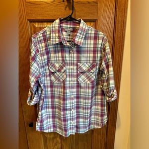 Women’s XXL Carhartt Purple White Plaid 3/4 roll up sleeve Button Up Shirt